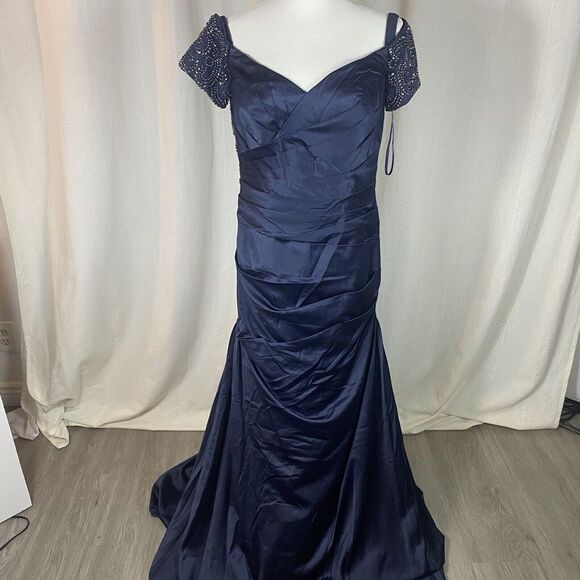 La Femme Size 12 Off the Shoulder Beaded Satin Trumpet Gown 25996 Blue Elegant - Picture 3 of 16